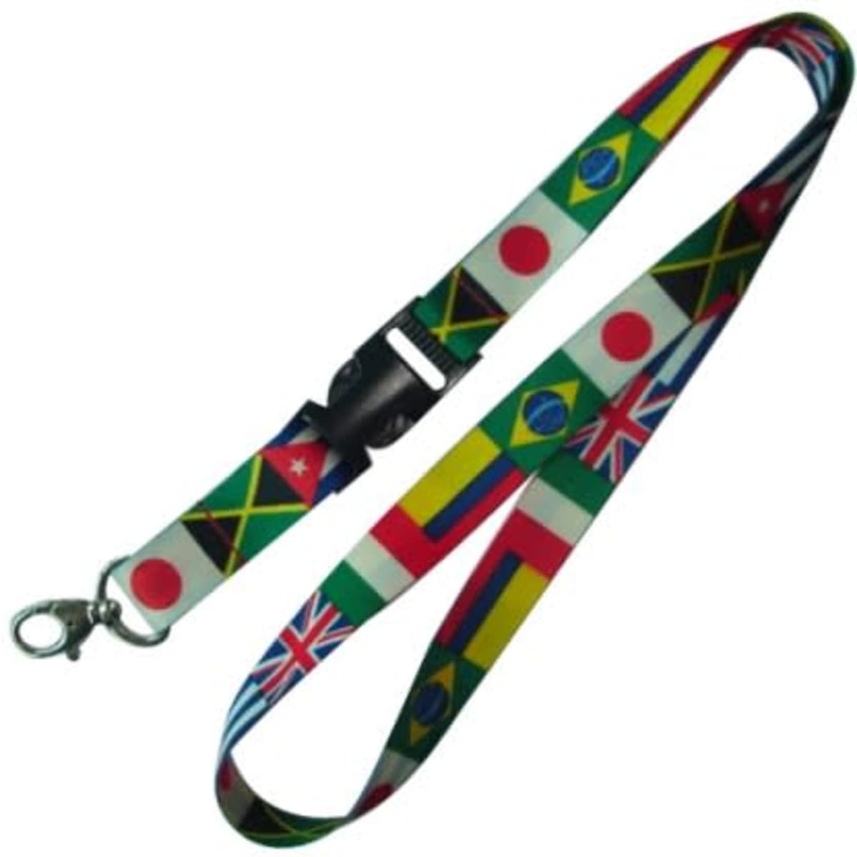 A lanyard featuring various international flags in vibrant colours, with a clip attachment.