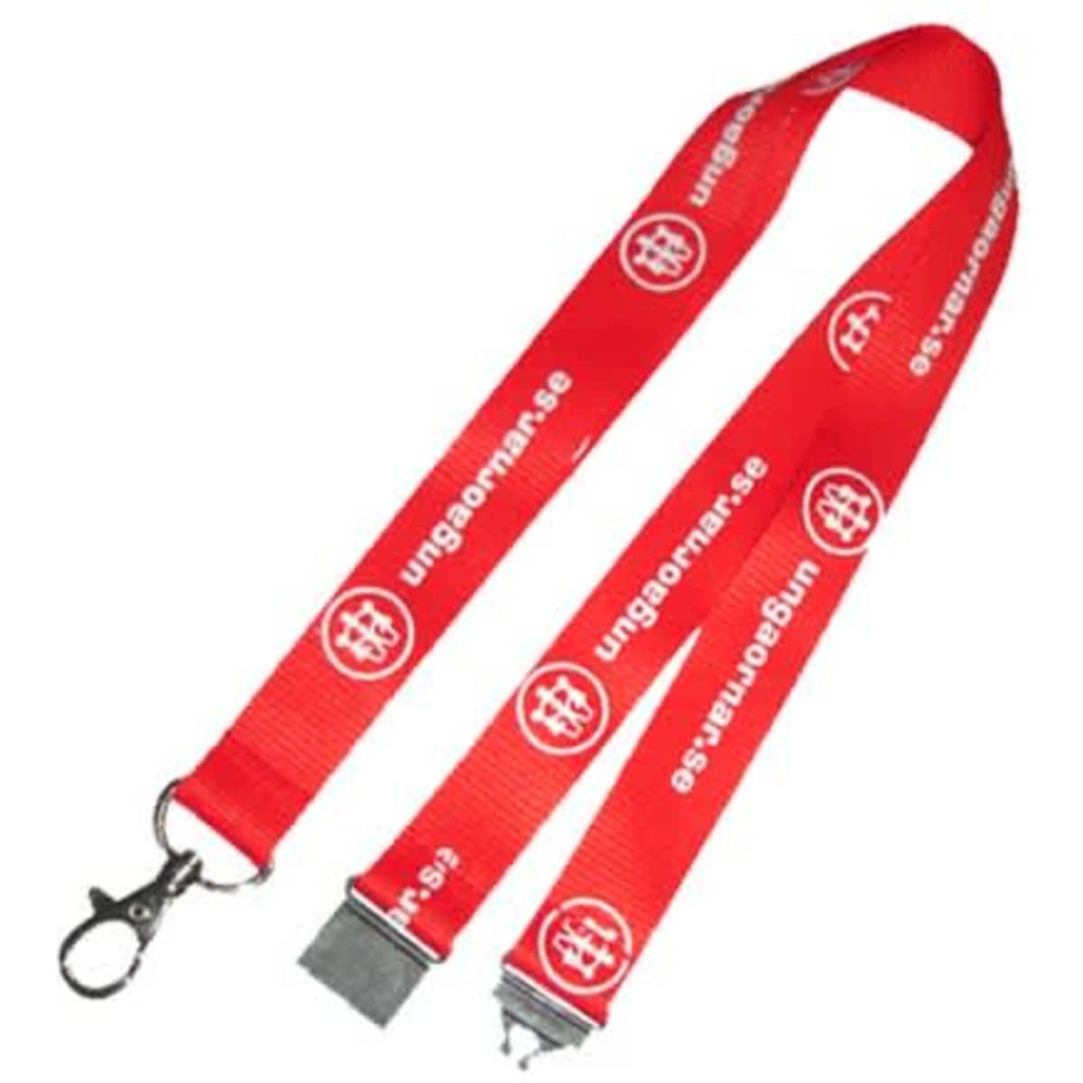 A red polyester ribbed lanyard with a metal clip and branding details.