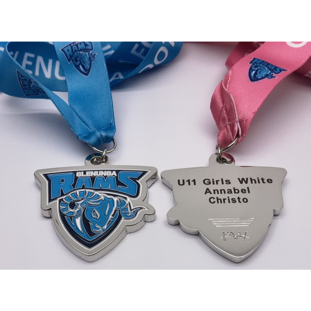 Two soft enamel medals in silver, featuring a logo, with blue and pink ribbons. One medal includes a nameplate.
