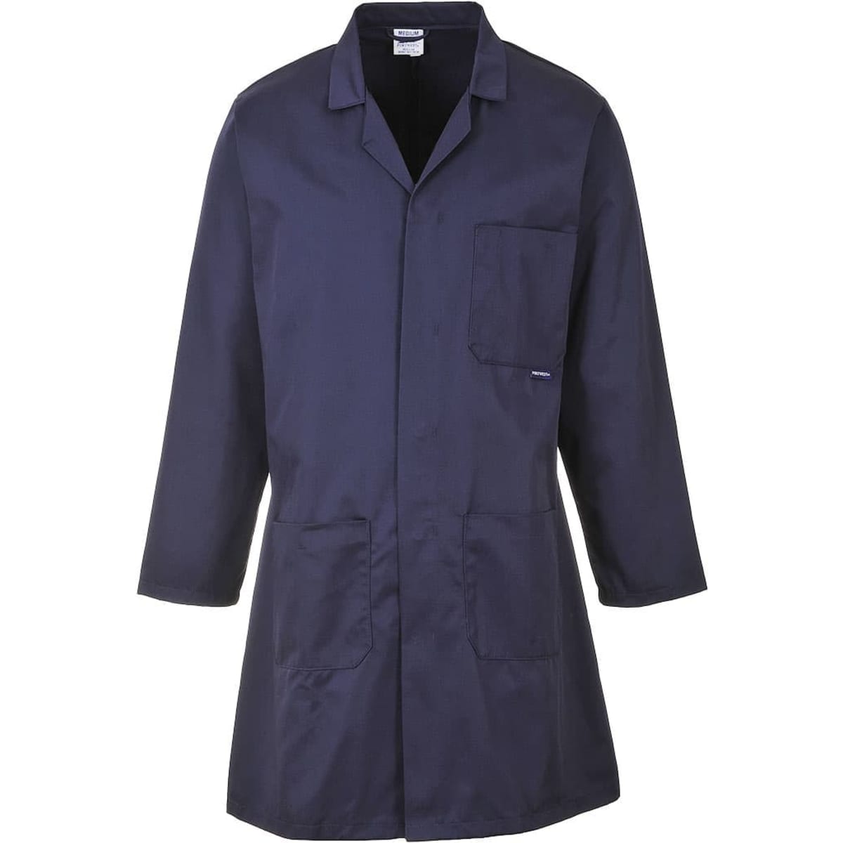 A navy blue coat with a collar, long sleeves, and multiple pockets. It features a branding logo.