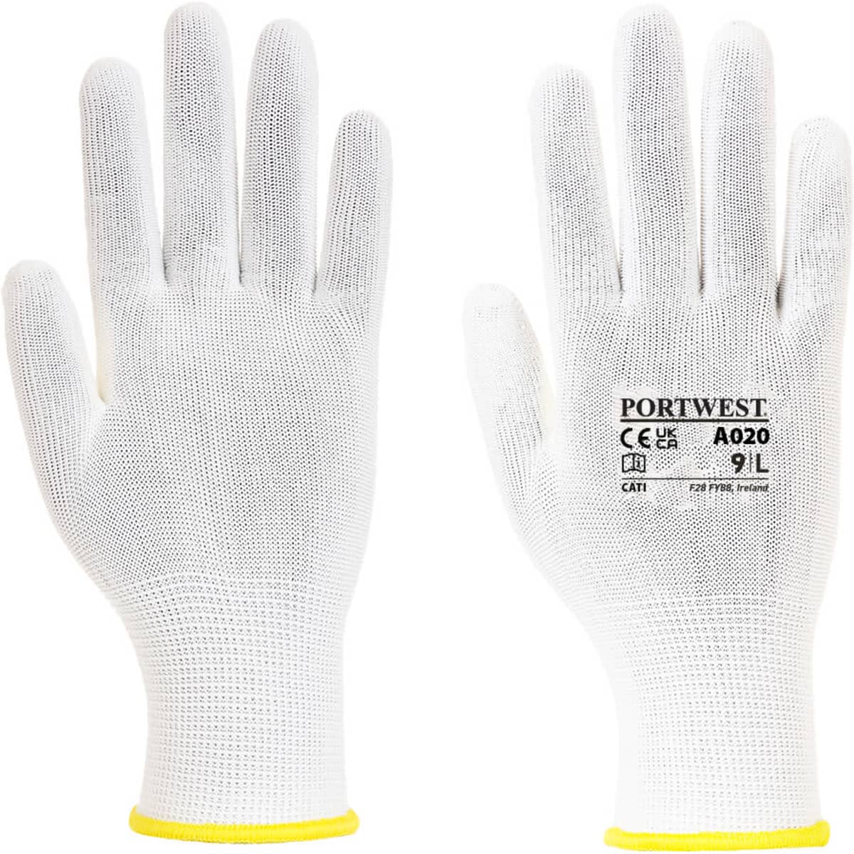 A pair of white gloves with a yellow cuff, featuring a logo and product details on one glove.