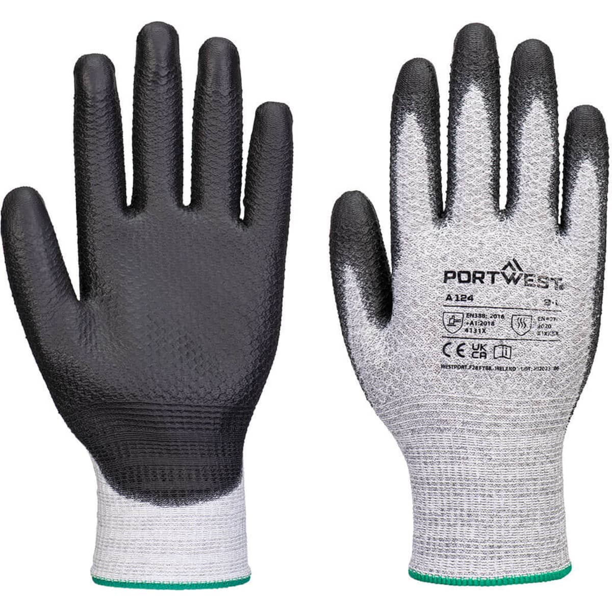 A pair of black and grey gloves with a textured grip and a logo, featuring a grey knit wrist.