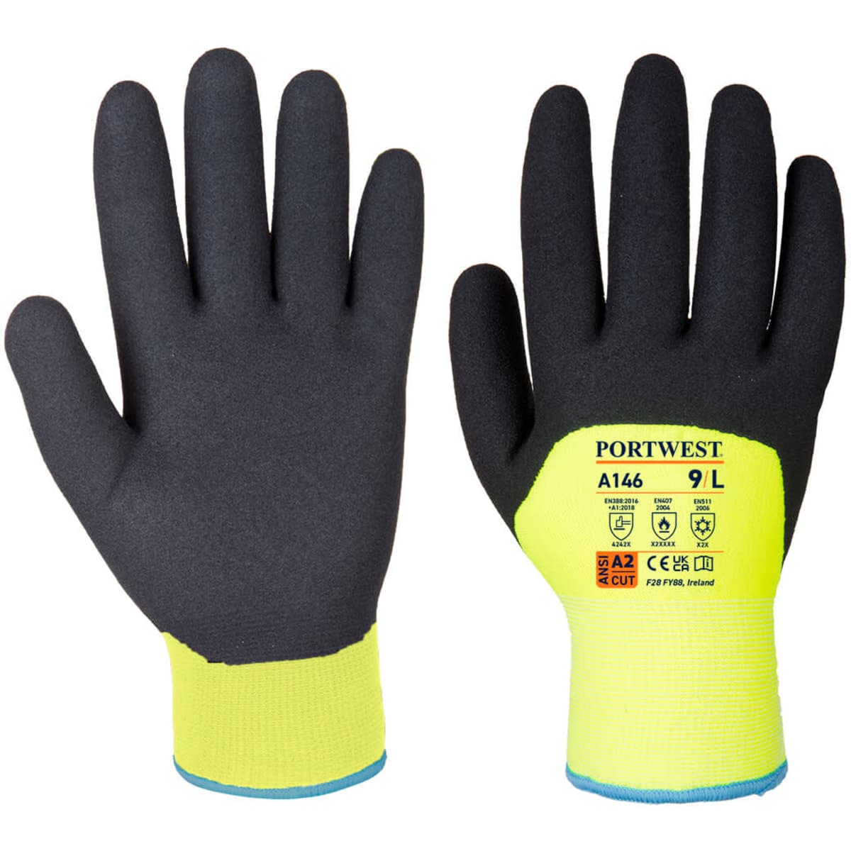 A pair of black and high-visibility yellow gloves with a fitted wrist and a logo. Suitable for cold weather.
