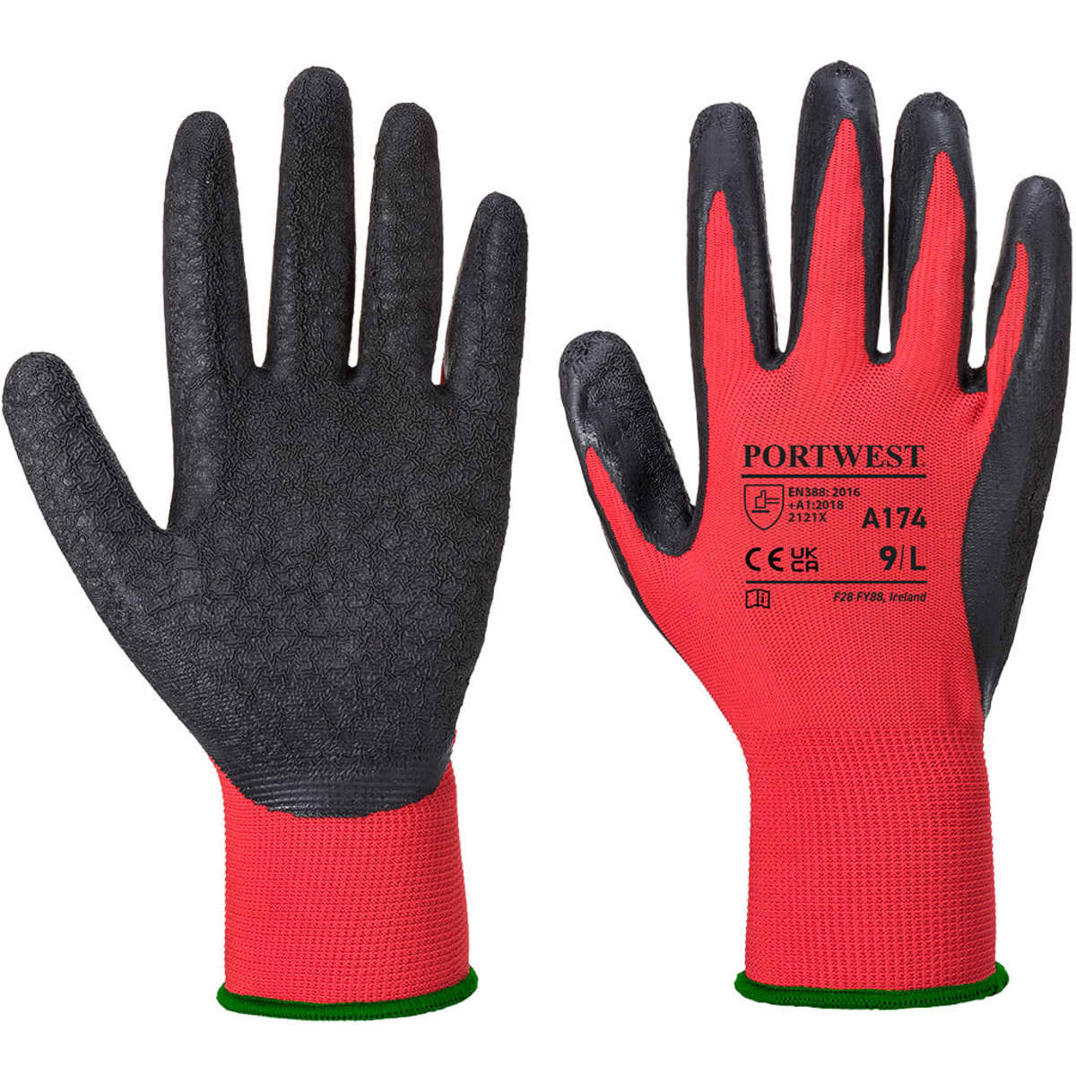A pair of red and black Flex Grip latex gloves with textured palms and a snug fit, featuring a logo.