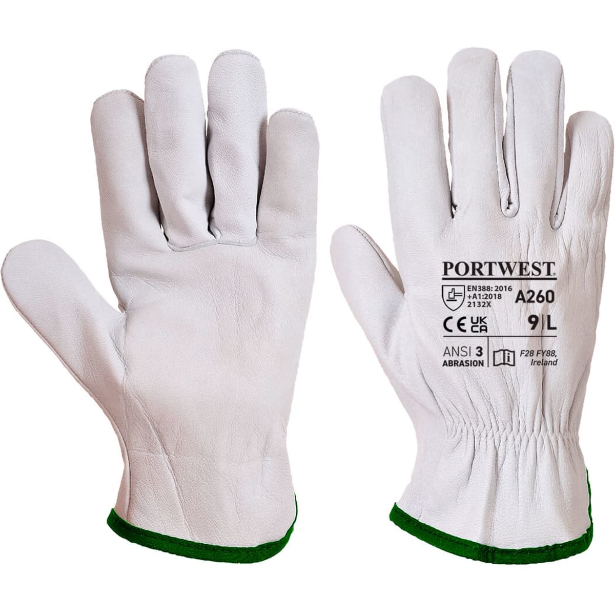 A pair of white gloves with a green cuff, featuring branding on one side.