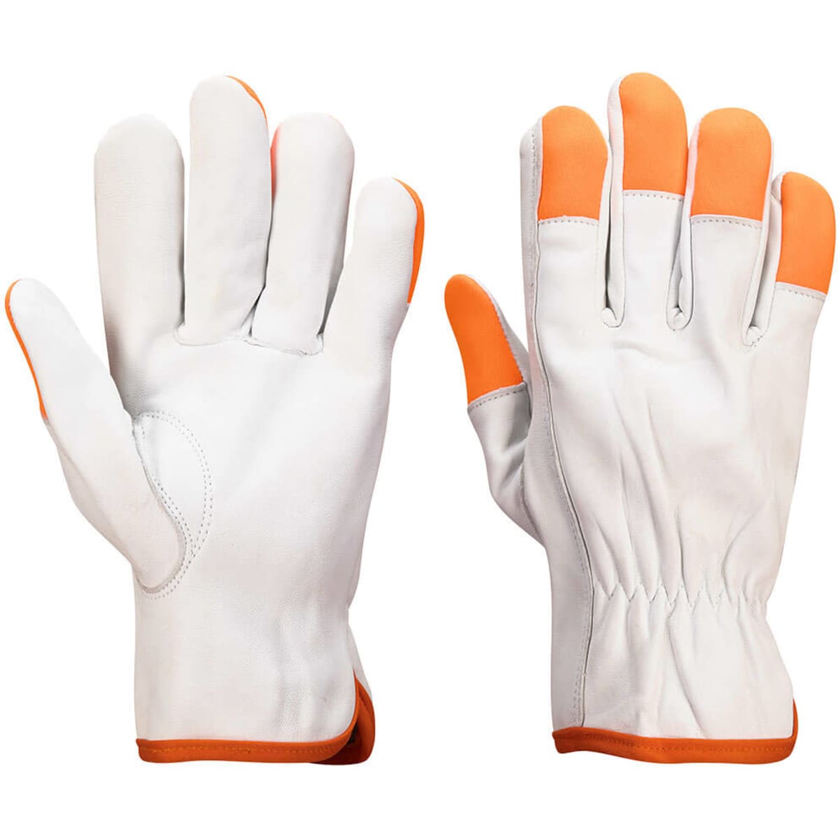 Orange Tip driver gloves featuring white synthetic material and orange accents, displayed in an open position.