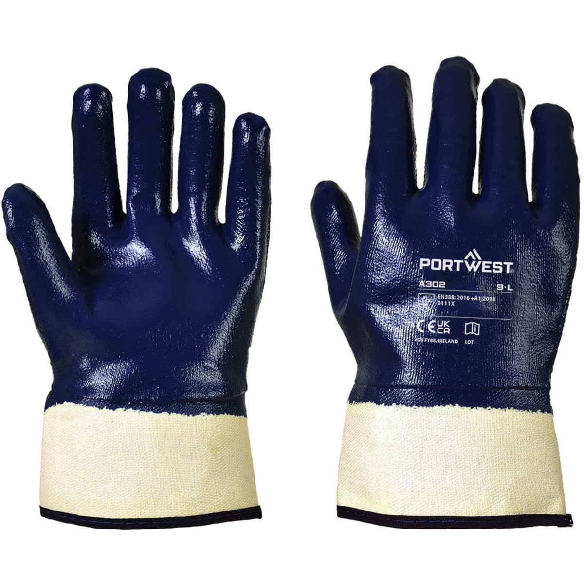A pair of blue nitrile safety gloves with a beige cuff, featuring a logo and certification markings.