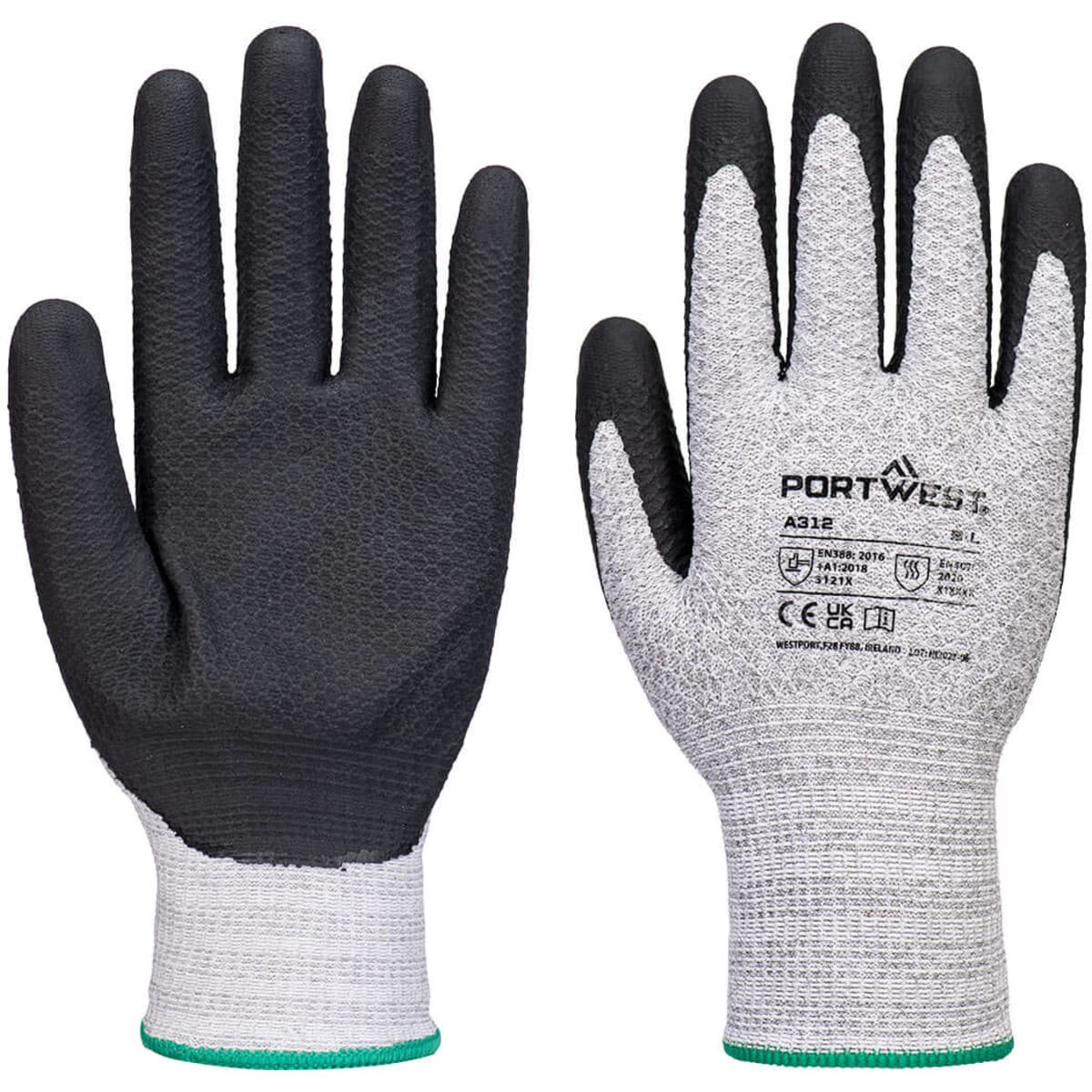 A pair of black and grey gloves with a textured finish and a white cuff, featuring a logo.