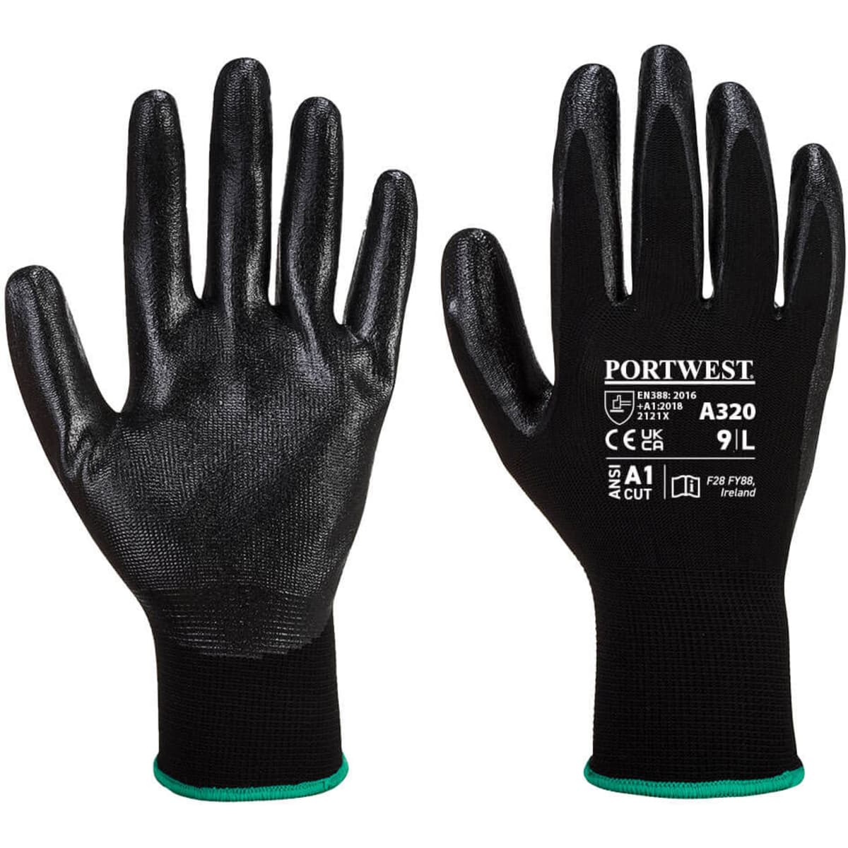 A pair of black Dexti-Grip gloves with textured palms and a breathable design, featuring a visible brand logo.