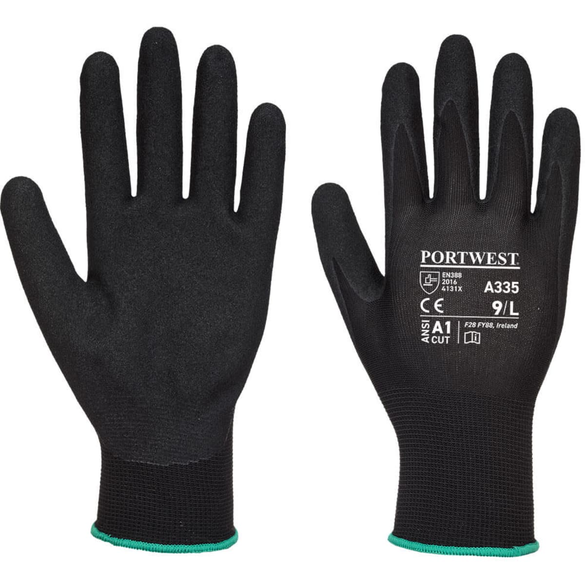 Black nitrile gloves with sandy texture, featuring a green cuff and branding.
