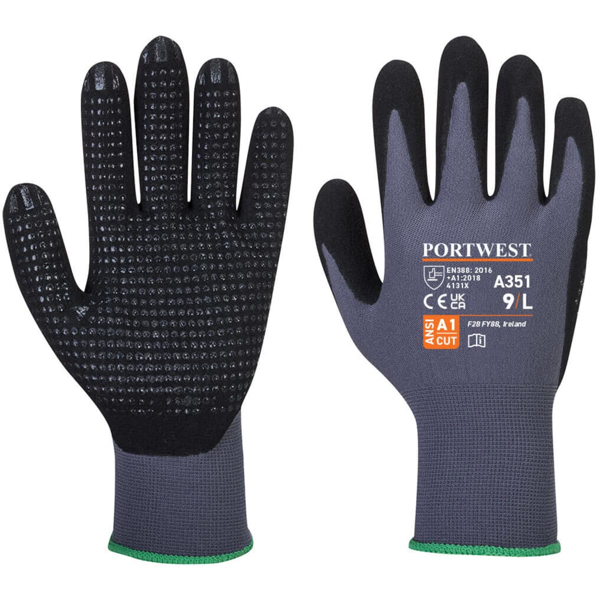 A pair of grey gloves with a black textured grip, featuring a green cuff and a logo on the wrist area.