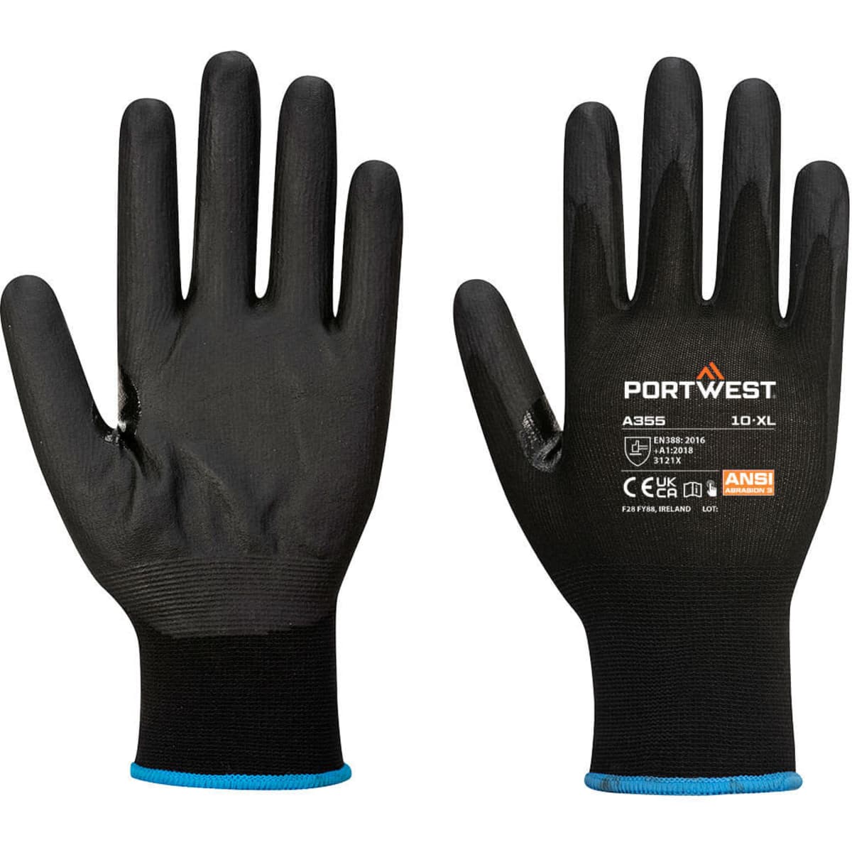 Nitrile foam gloves in black with a blue cuff, featuring a logo on the palm side. Pack of 12.