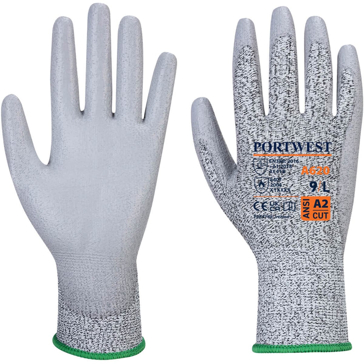 A pair of grey gloves with a textured surface and a green trim. The gloves are branded and feature a cut resistance rating.