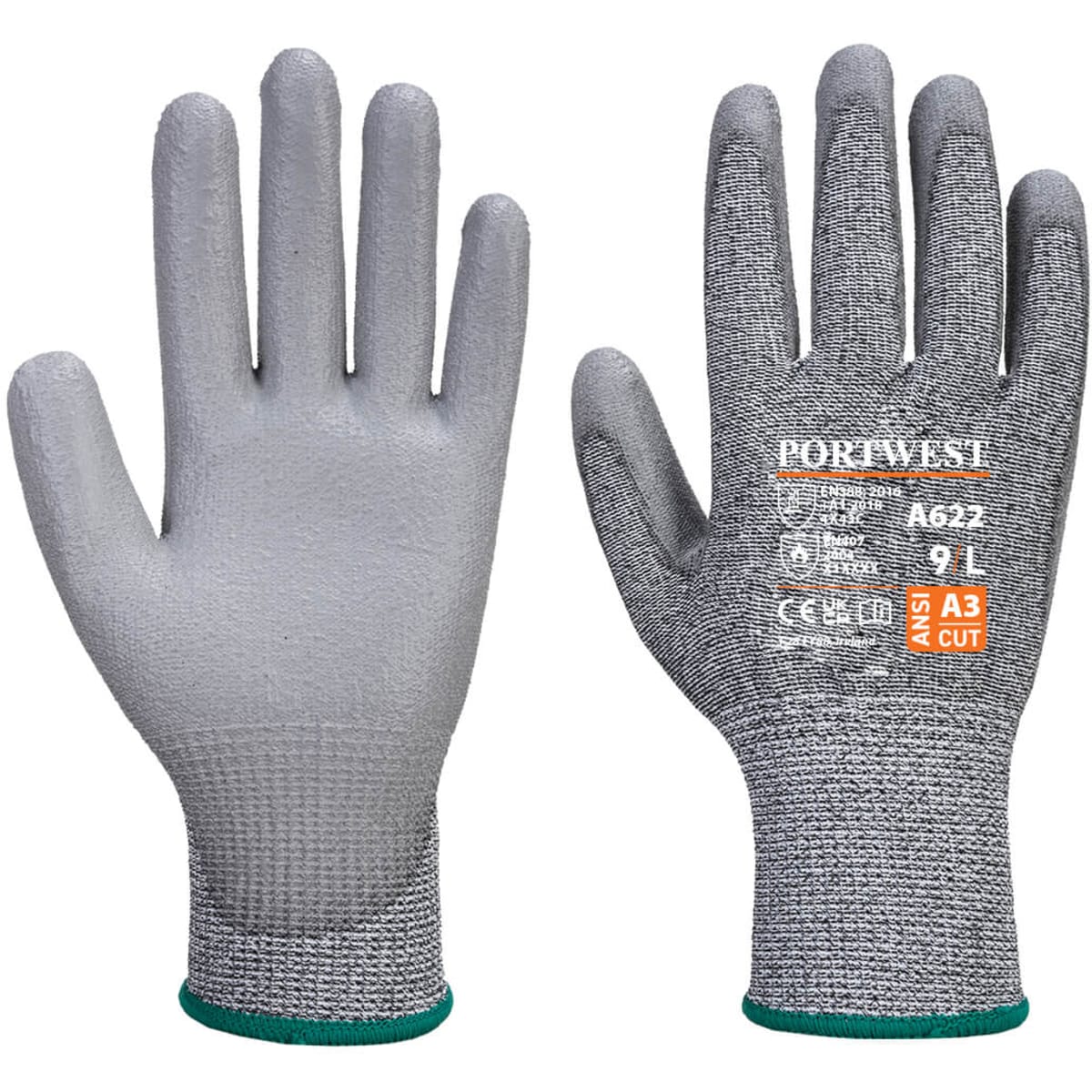 A pair of grey gloves with a textured finish, featuring a logo and an ANSI cut rating.