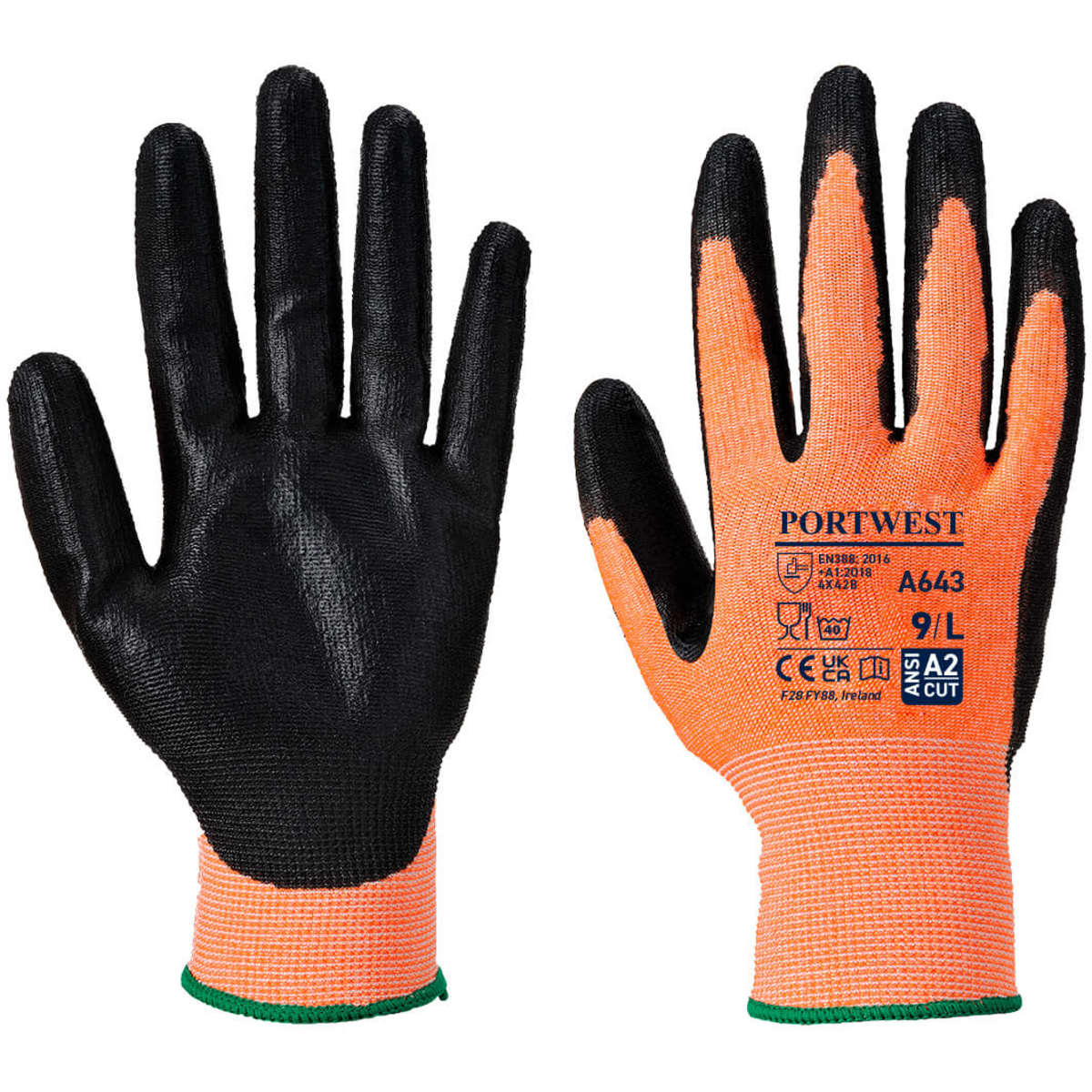 A pair of safety gloves featuring a textured black nitrile foam palm and an orange fabric backing, with a green wrist cuff.