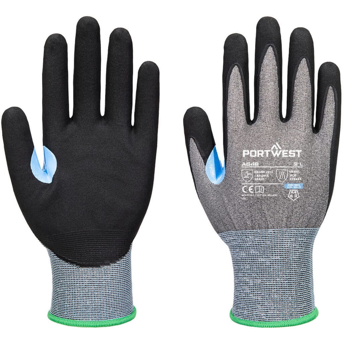 Black and grey nitrile gloves featuring a textured grip and a blue accent, with a logo on the wrist area.