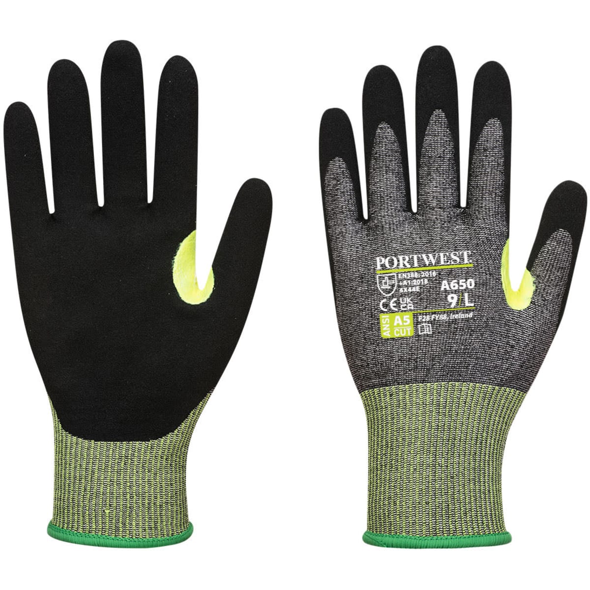 Nitrile foam gloves with a black and grey textured surface, green wrist cuffs, and a logo on the palm.