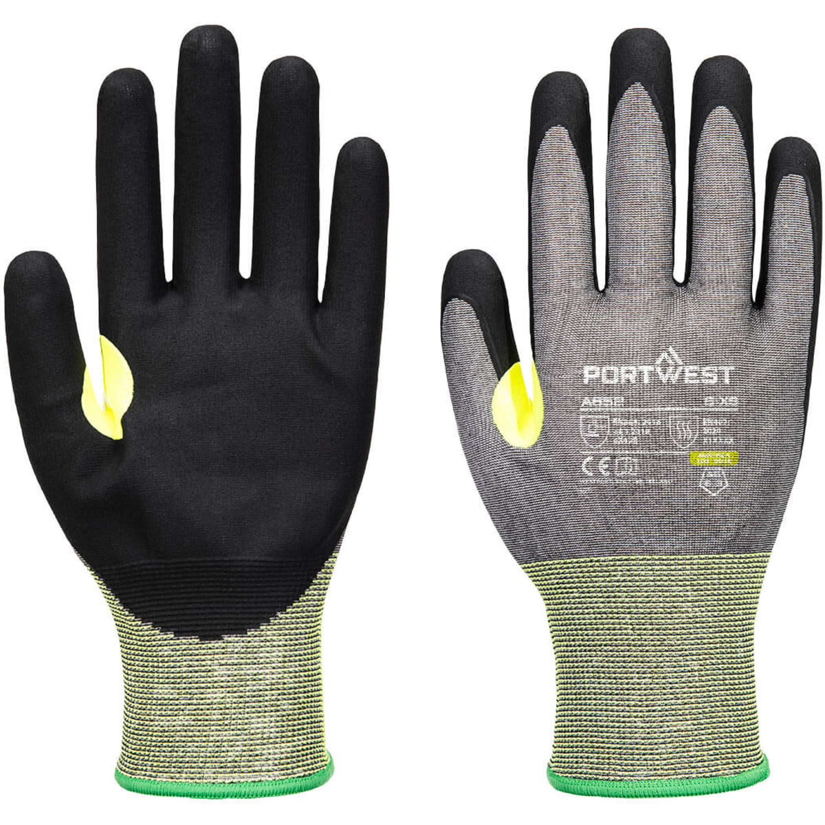 A pair of nitrile gloves featuring a black palm and grey fabric, with yellow accents and a logo.