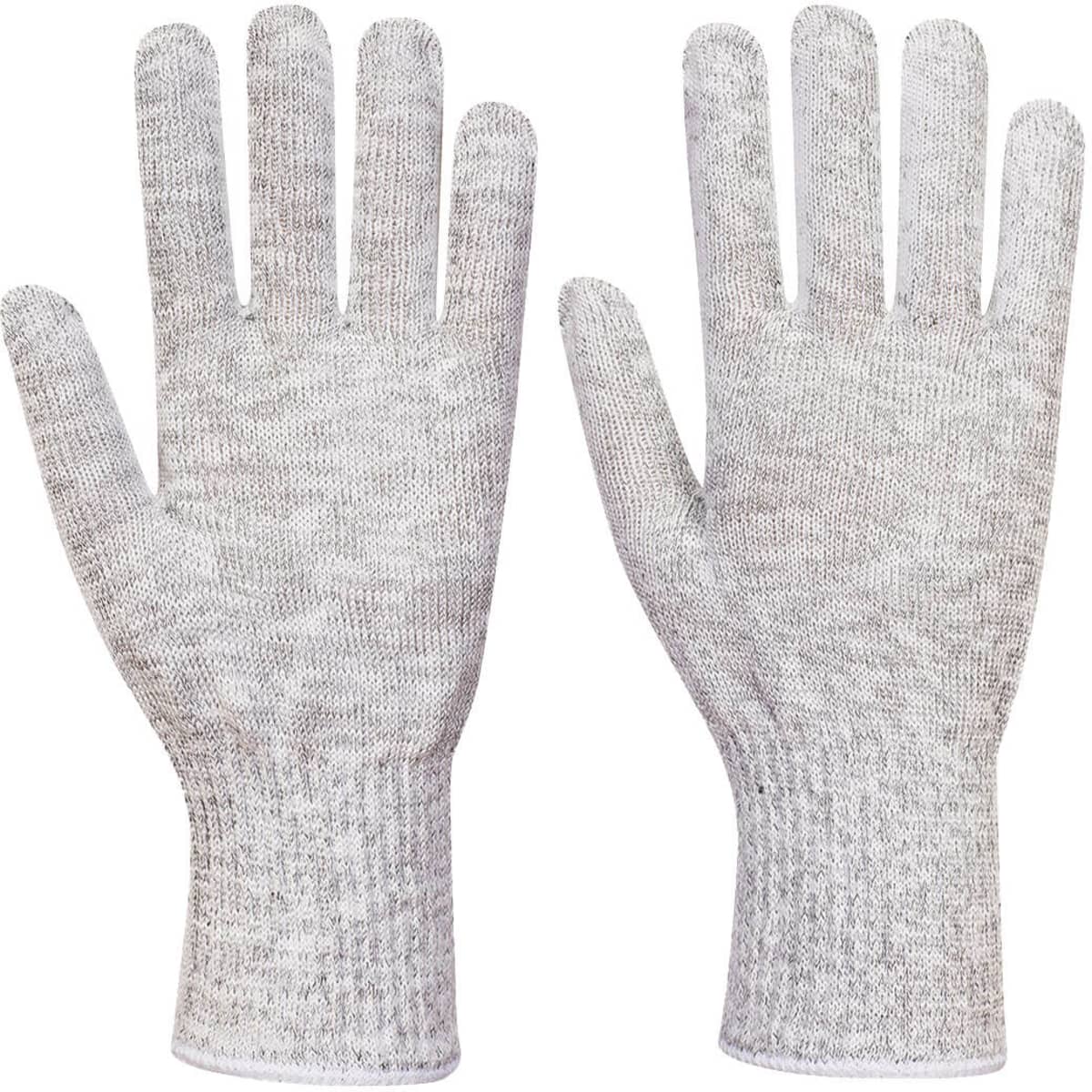 A pair of grey food glove liners with a textured surface, designed to fit both hands.