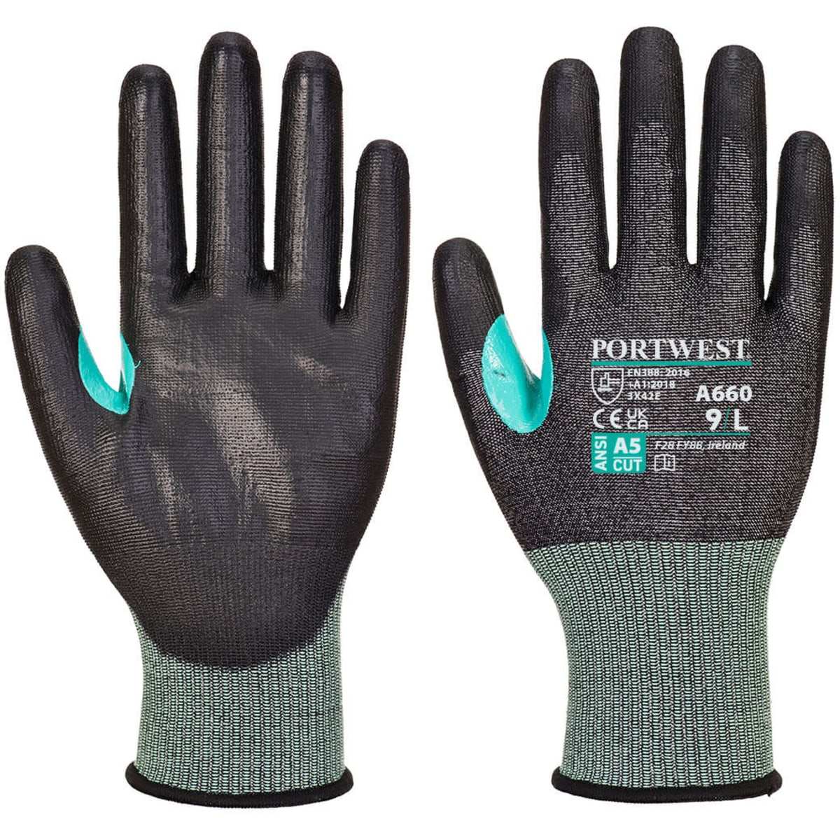 A pair of black and teal cut-resistant gloves with a textured grip and a branded logo on the wrist area.