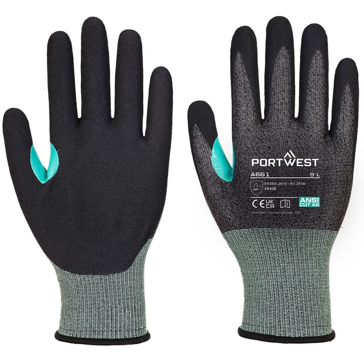 Two black nitrile foam gloves with grey accents and a logo, designed for protective wear.