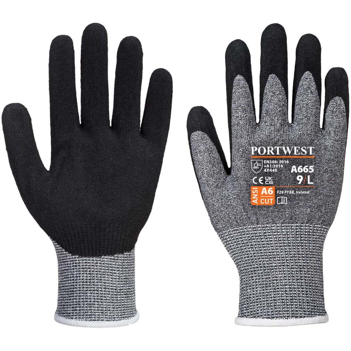 A pair of black and grey cut-resistant gloves with a textured grip and a label on one glove.