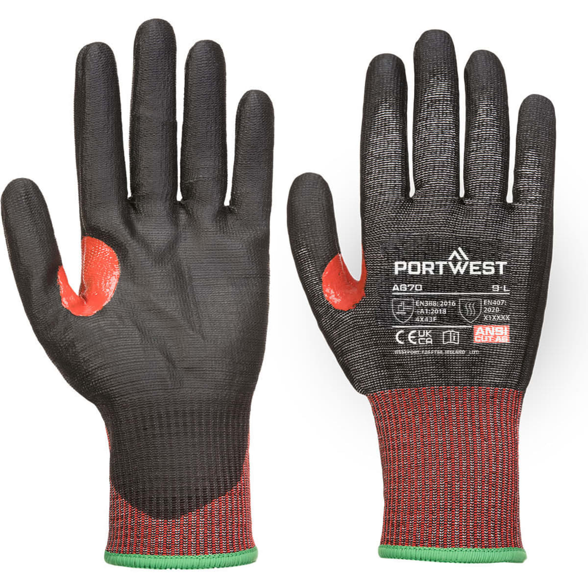 A pair of black gloves with red accents and a textured grip, featuring a logo and safety information.