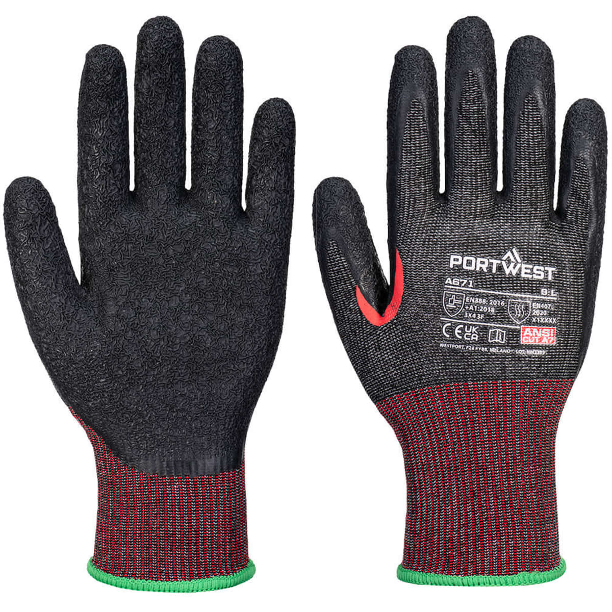 AHR13 F Dark Latex Cut Glove in black with a red and green knitted wrist cuff and a branding logo.