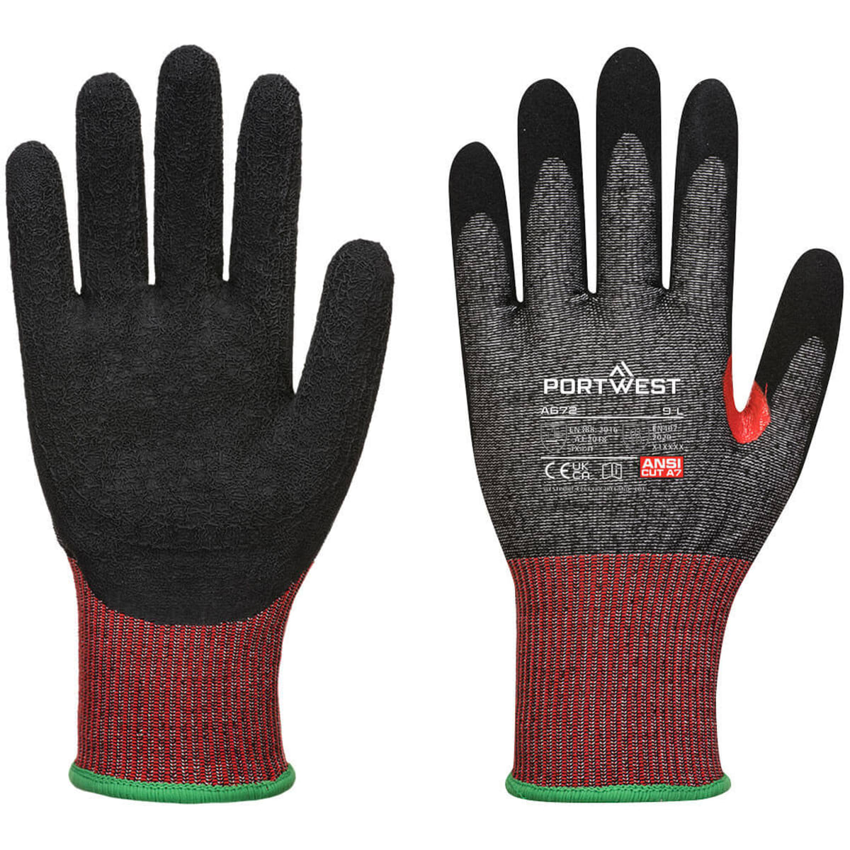 Dark nitrile cut gloves with a textured black palm and a red knitted wrist, featuring a logo on one glove.