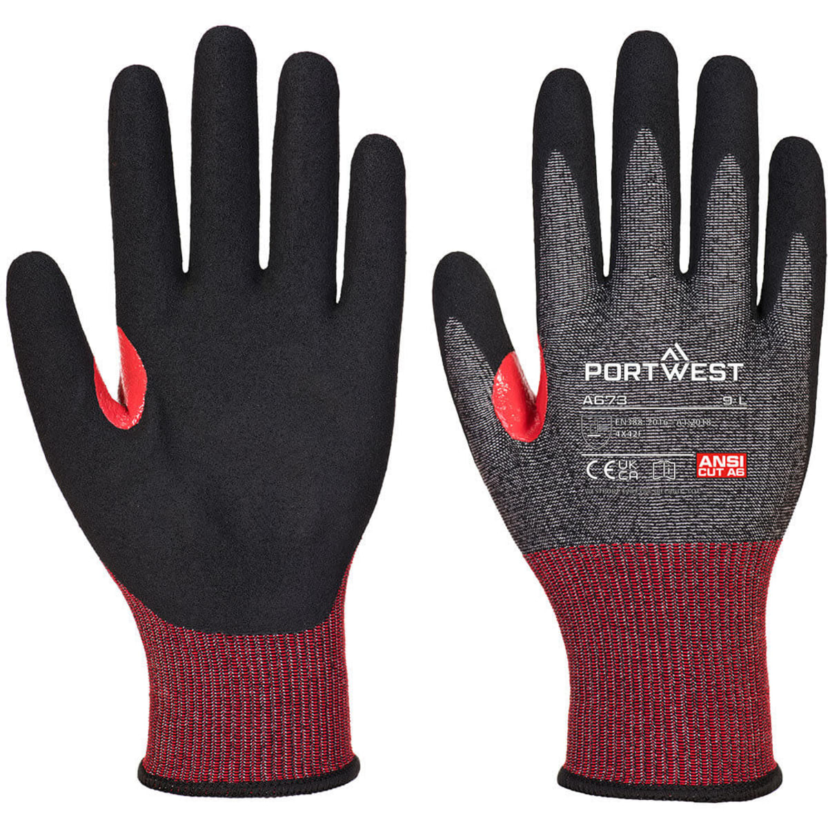 A pair of black and red nitrile gloves with a textured grip and a logo. Ideal for various tasks.