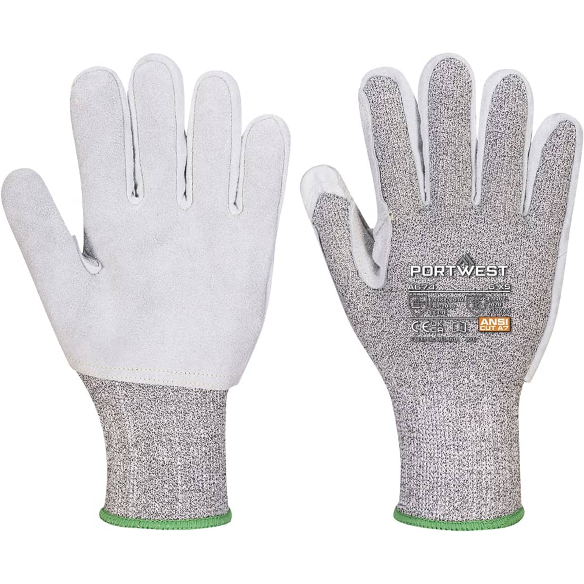 Light grey gloves with a textured palm and a green wrist cuff, featuring a logo. Suitable for clothing accessories.