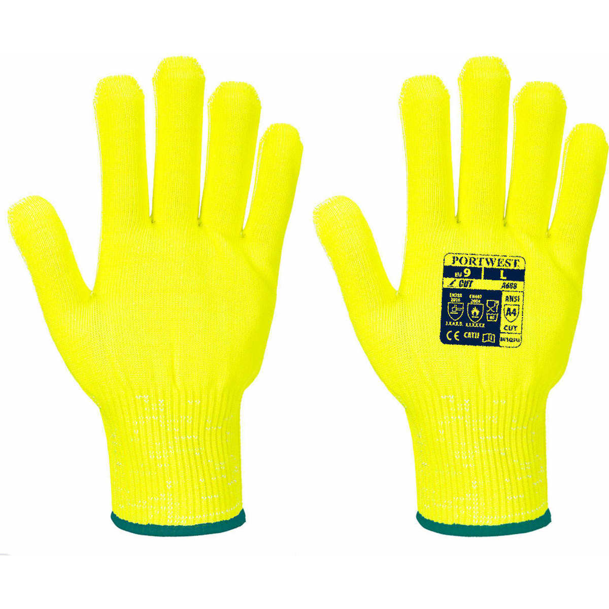 Bright yellow gloves with a textured surface and a green trim, featuring a logo on the wrist area.
