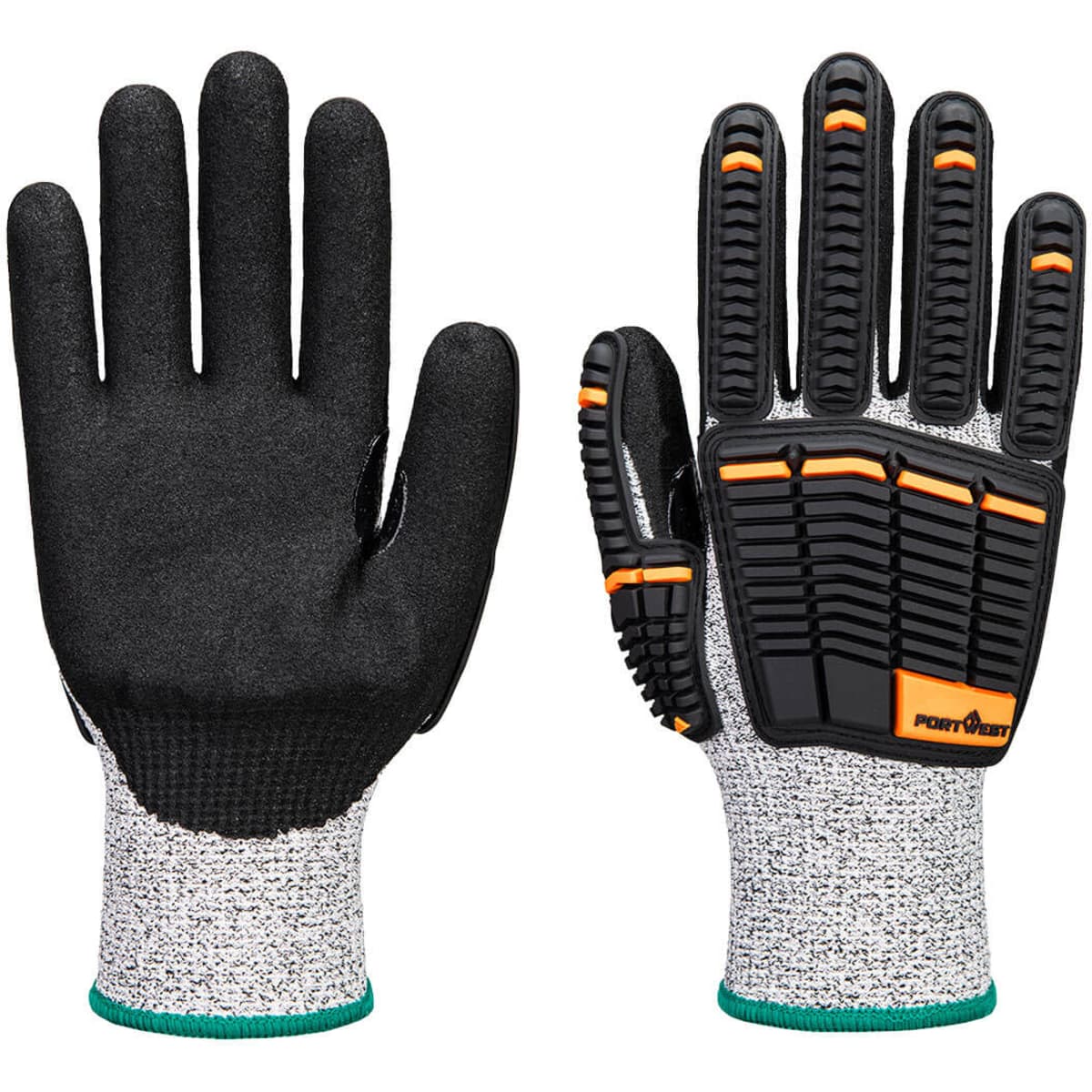 A pair of black and grey nitrile foam gloves with orange accents and textured grips. They feature a logo on the wrist.