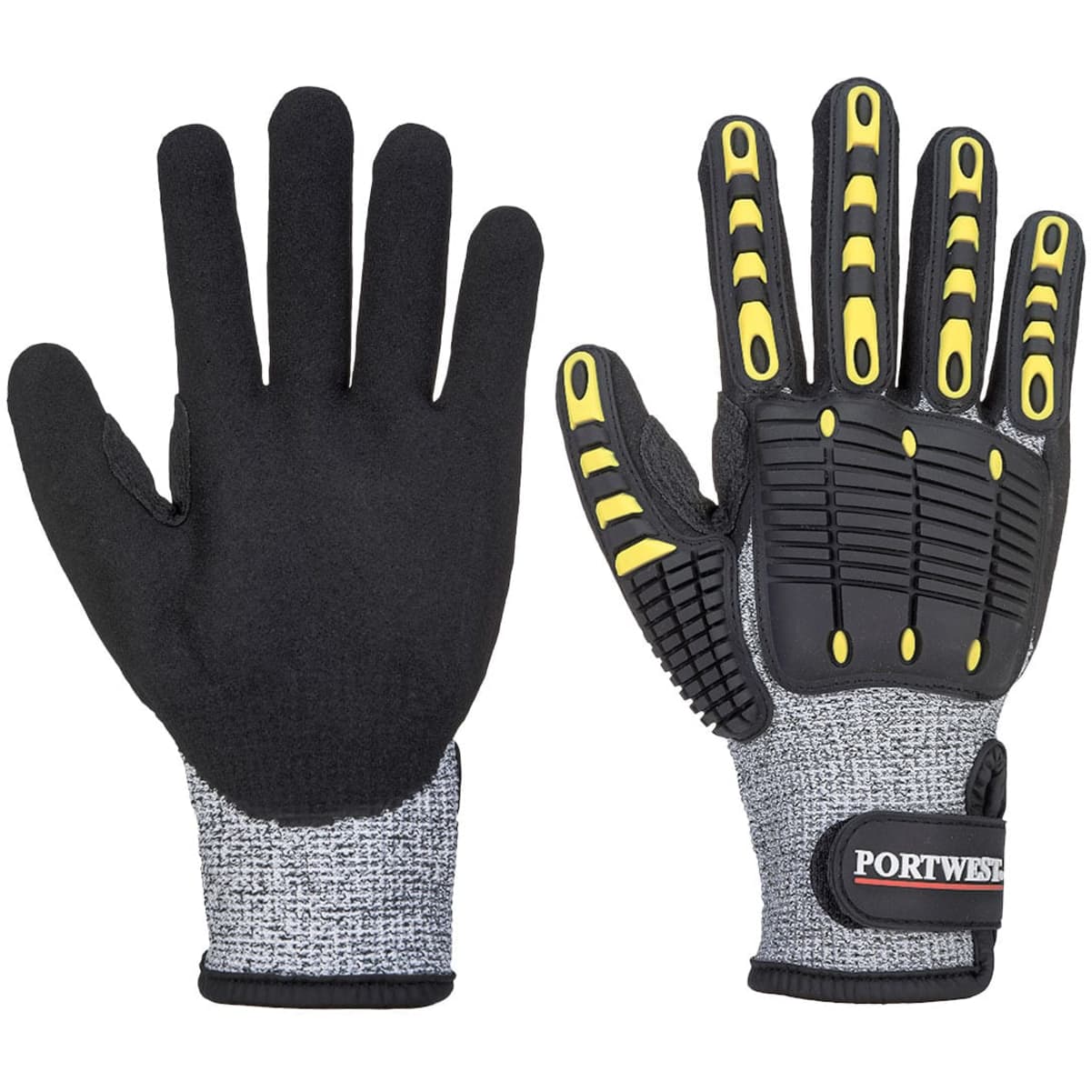 Cut-resistant gloves featuring a grey and black design with yellow accents and textured grip areas. Includes branding.