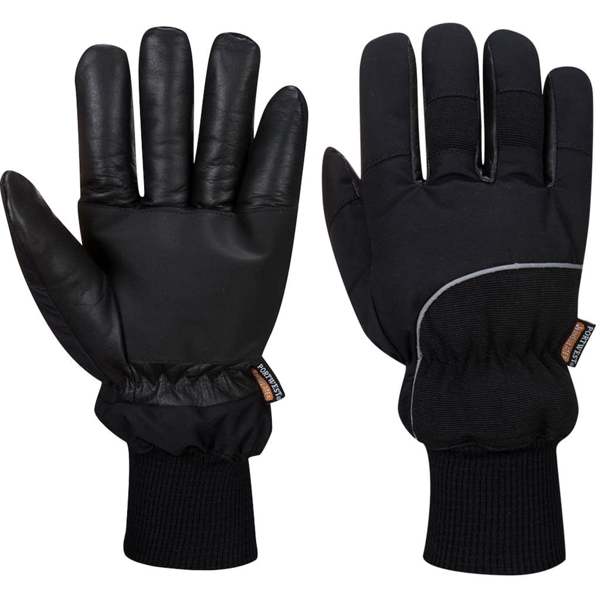 A pair of black gloves featuring a smooth exterior and elasticised cuffs for secure fit. Includes a brand logo.