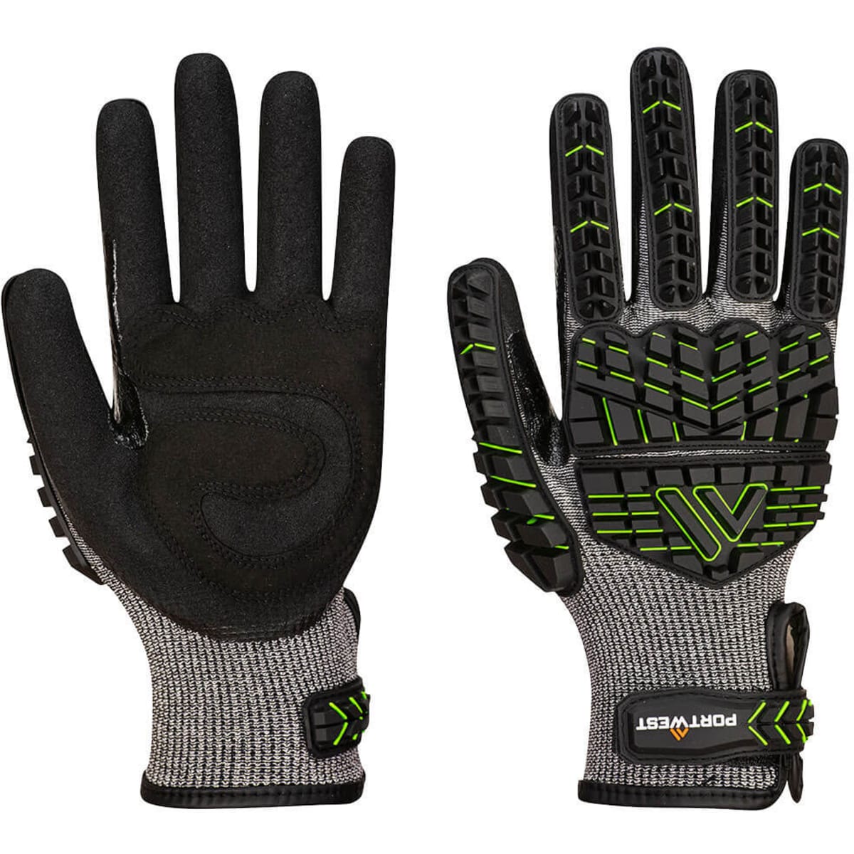 Nitrile foam impact gloves in black and grey with green accents and textured grip. Features a logo on the wrist.