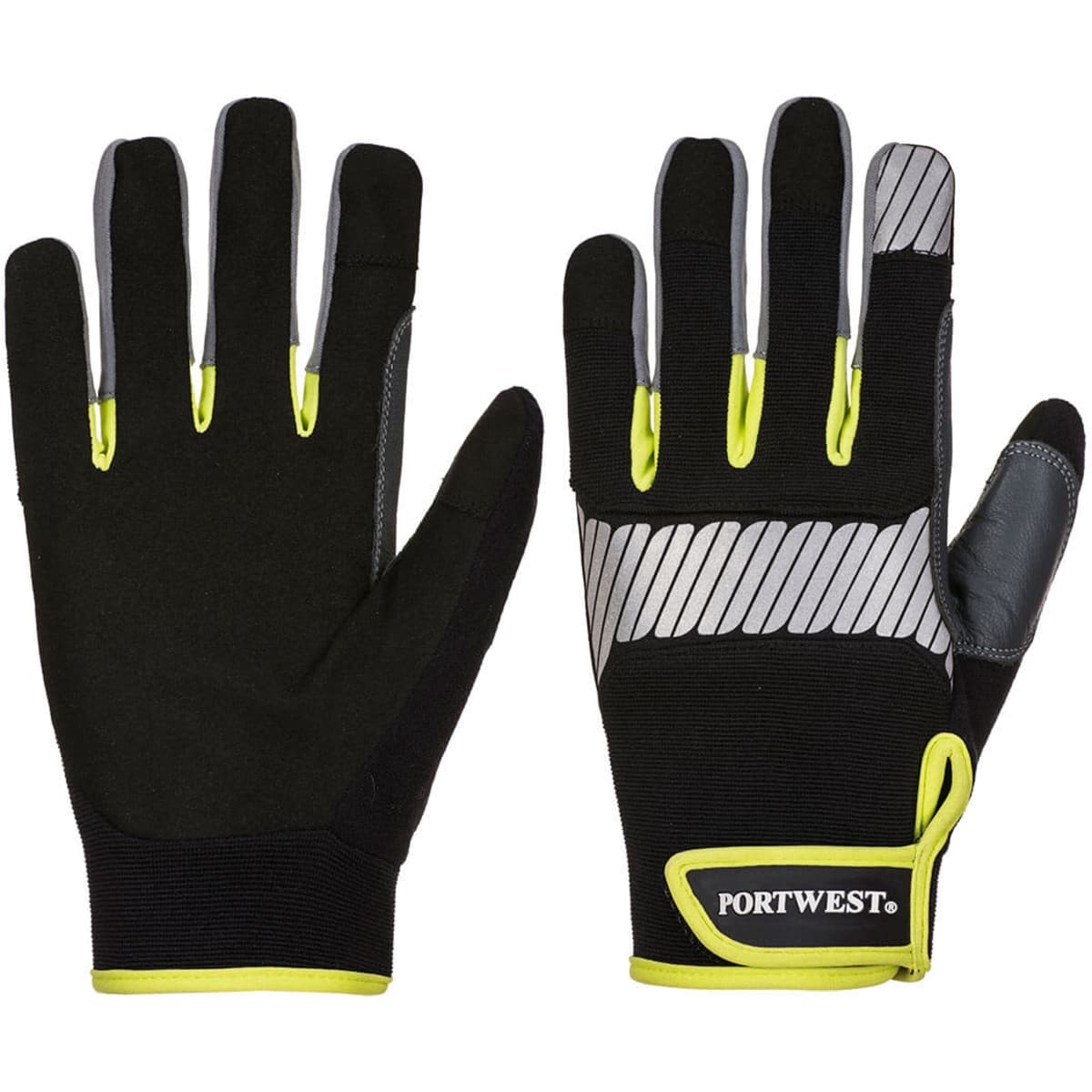 A pair of black gloves with grey and neon yellow accents, featuring a logo on the wrist area.