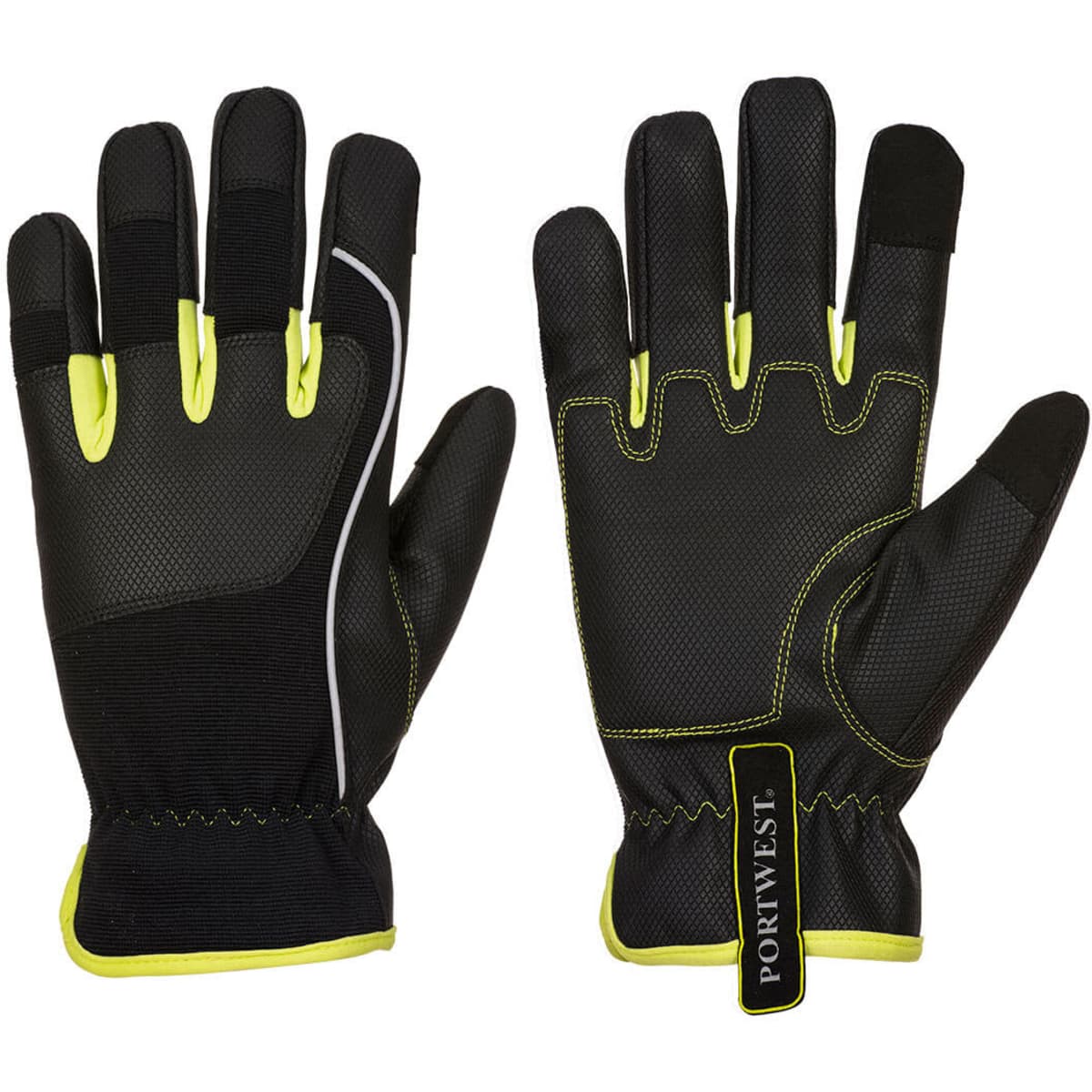 A pair of black and yellow gloves featuring a textured design and a tag, designed for tradespeople.