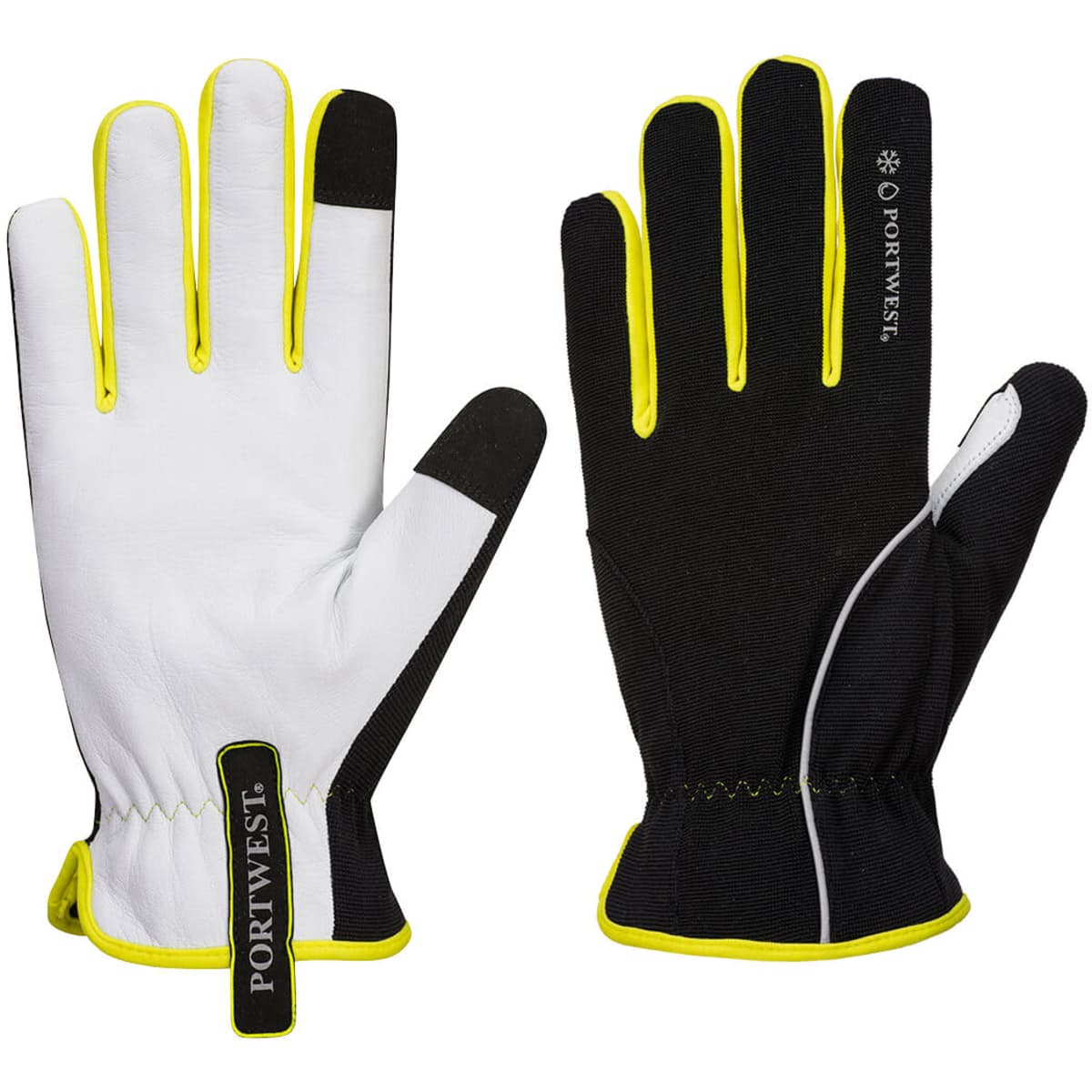 A pair of PW3 Winter Gloves featuring a white palm and black body with lime green accents and branding.