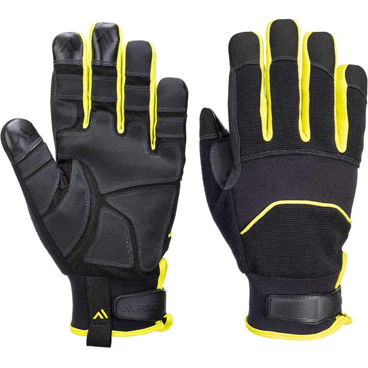 A pair of black needle-resistant gloves with yellow accents and a textured grip. One glove is shown from the front, and the other from the back.