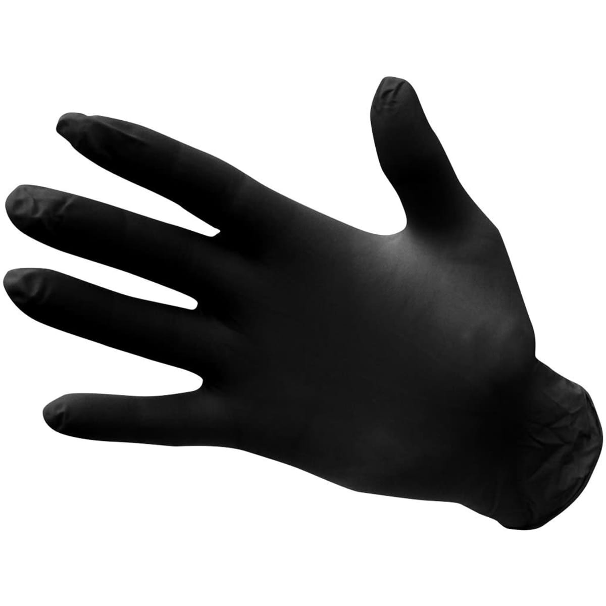 A pair of black nitrile disposable gloves laid out in the shape of a hand, with a smooth finish and a snug fit.