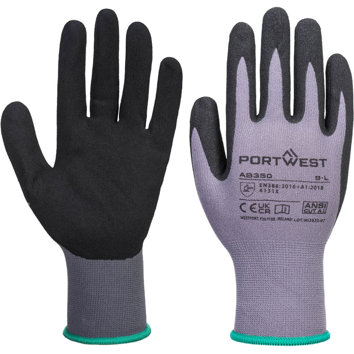 A pair of grey and black work gloves with a rubber grip and a green cuff, featuring branding on the palm.
