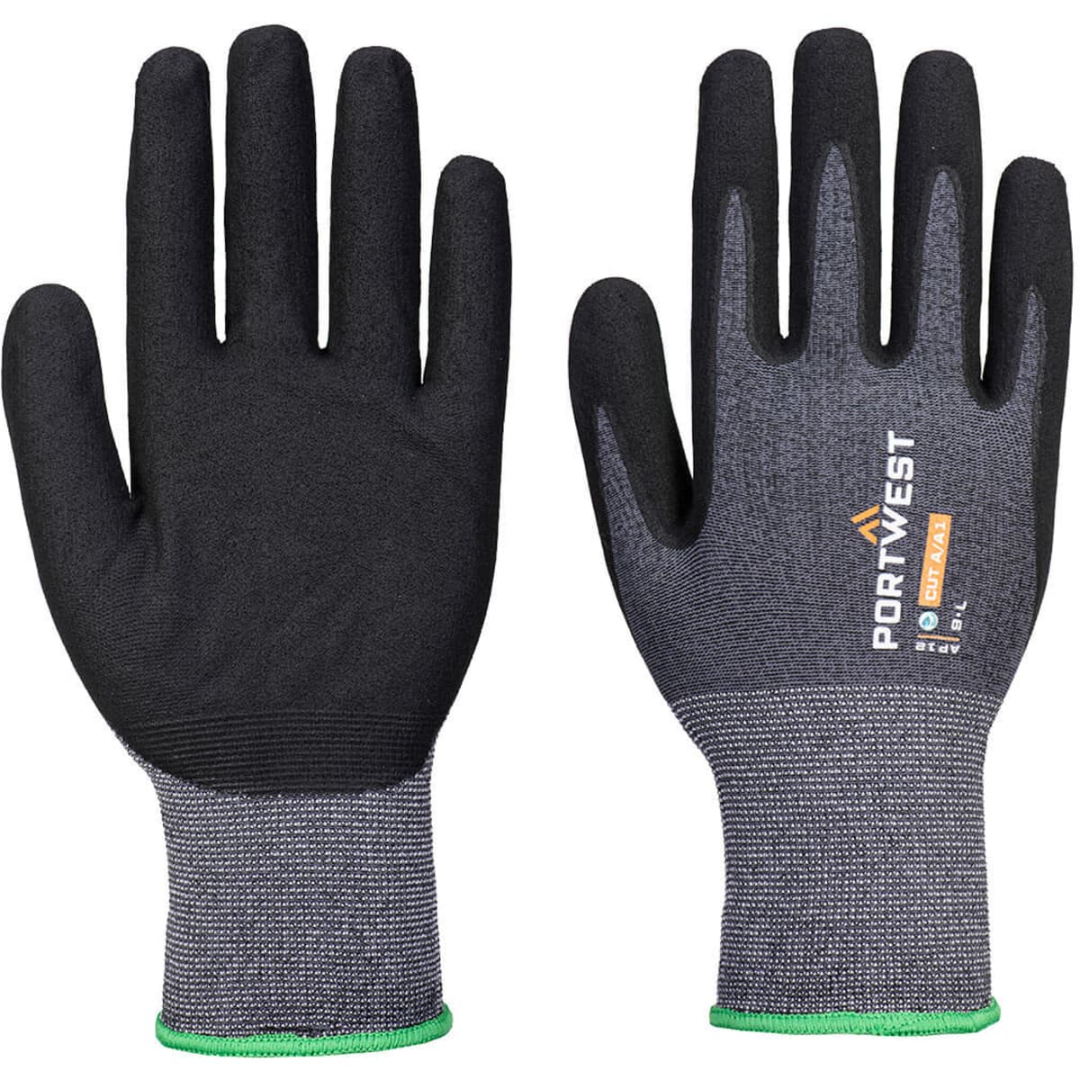 Two black gloves with grey fabric, featuring a logo on one glove. Suitable for clothing accessories or work use.