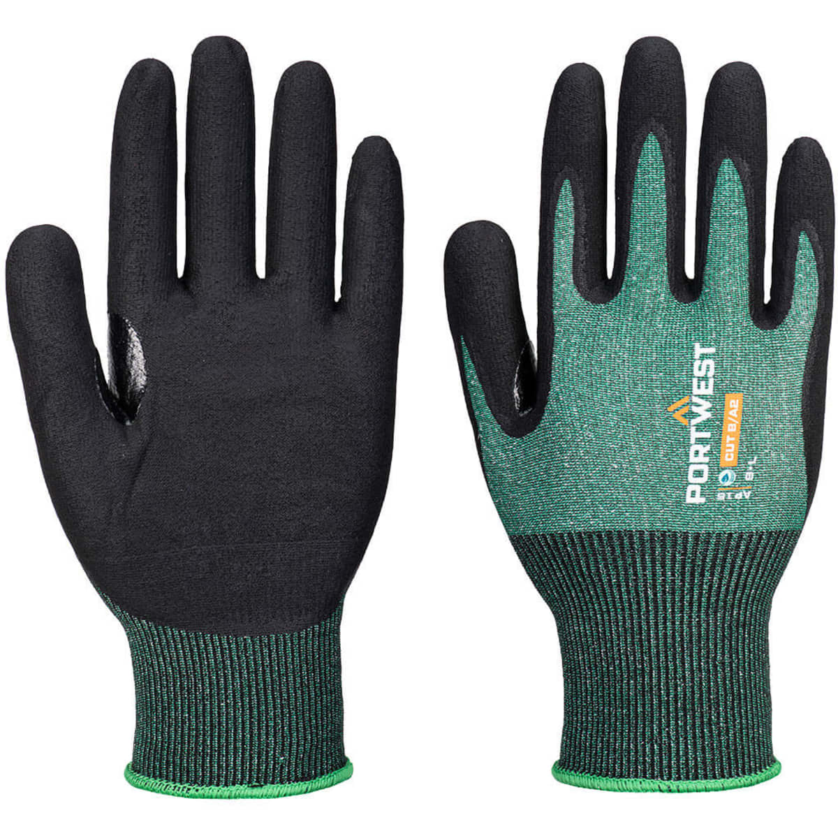 A pair of black and green micro foam gloves with woven wrist cuffs and a logo.