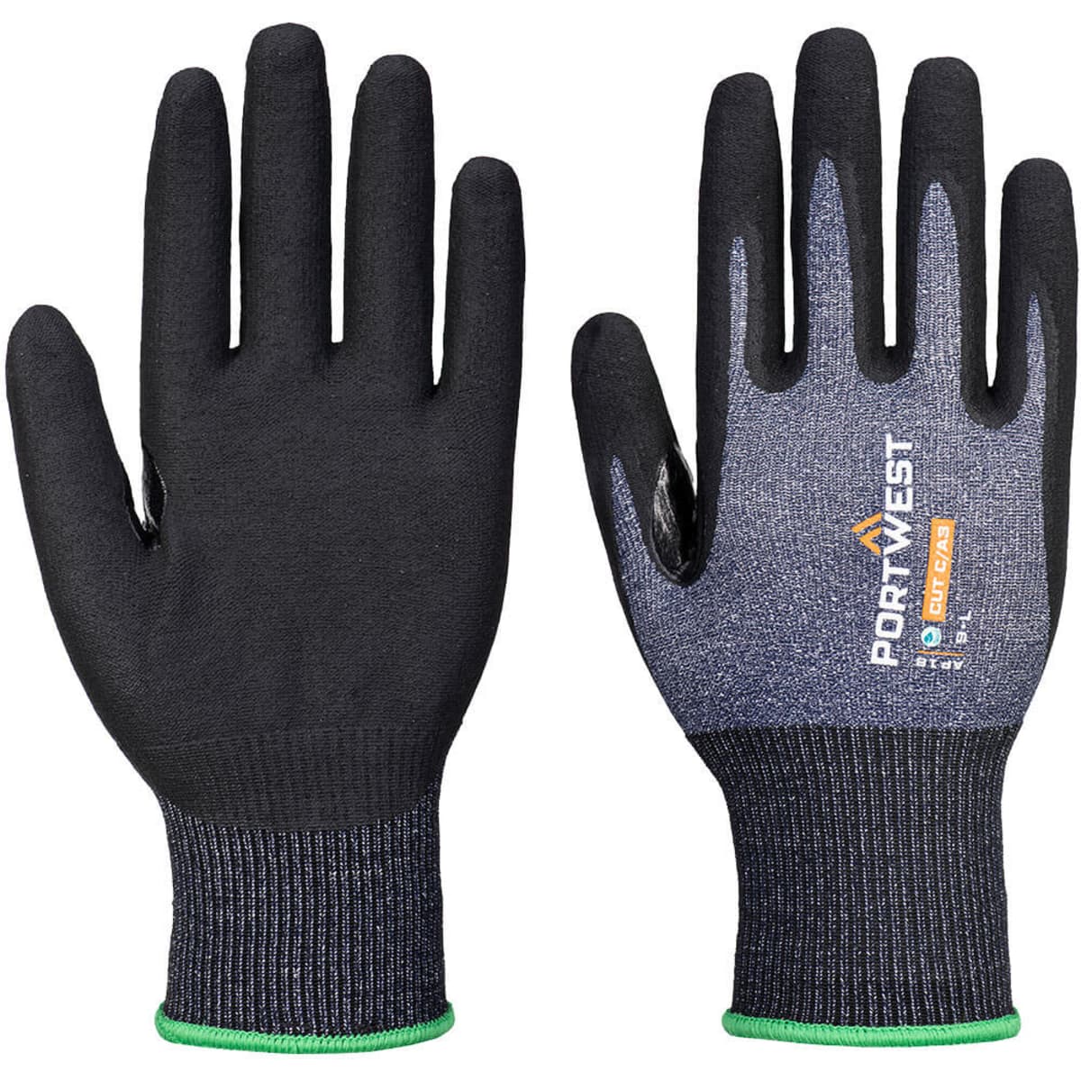 A pair of black and grey gloves with a green cuff and a logo on the wrist.