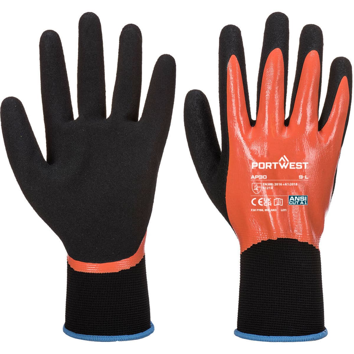 Dermi Pro Glove in black and orange, featuring a textured grip and a fitted cuff. Includes a branding logo.