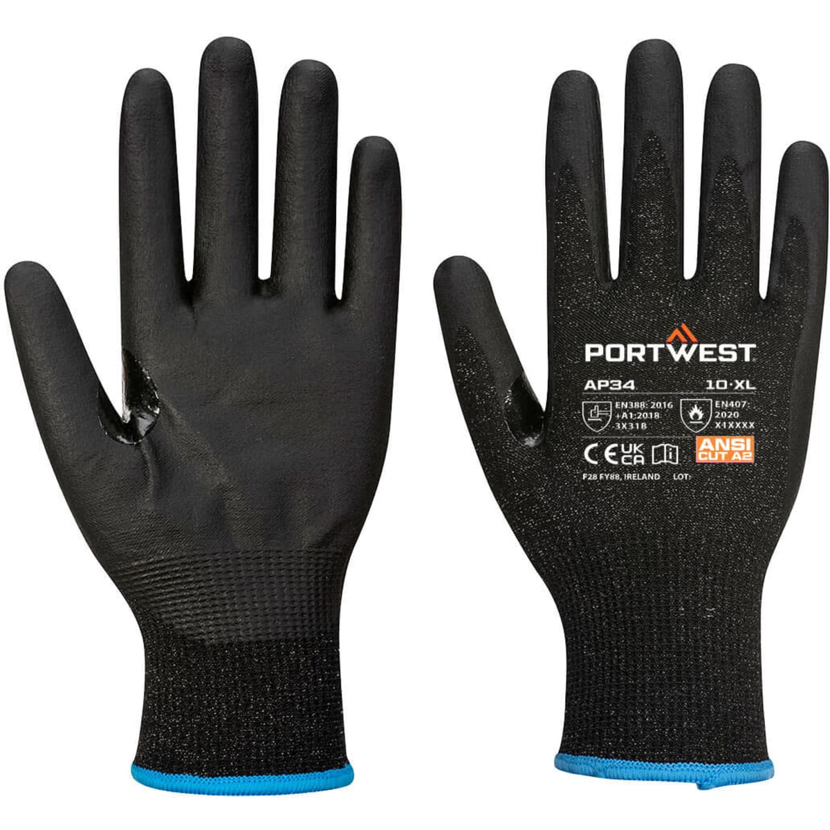 Two black nitrile foam gloves with a textured grip, featuring a blue trim at the wrist and a logo on one glove.