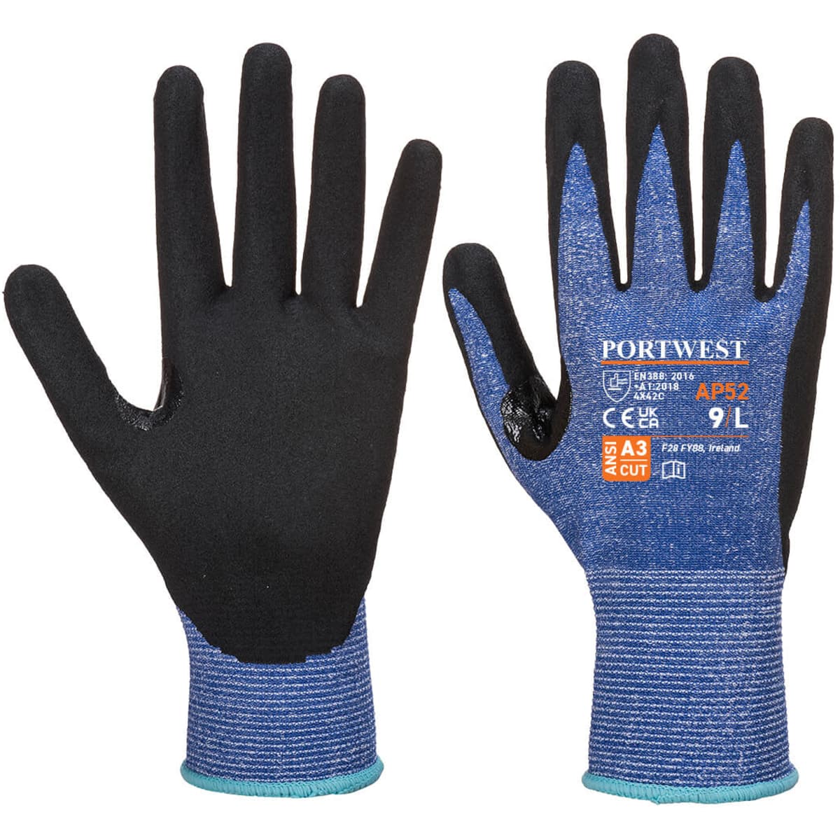 A pair of black and blue gloves featuring a textured grip and a branding logo on the wrist area.