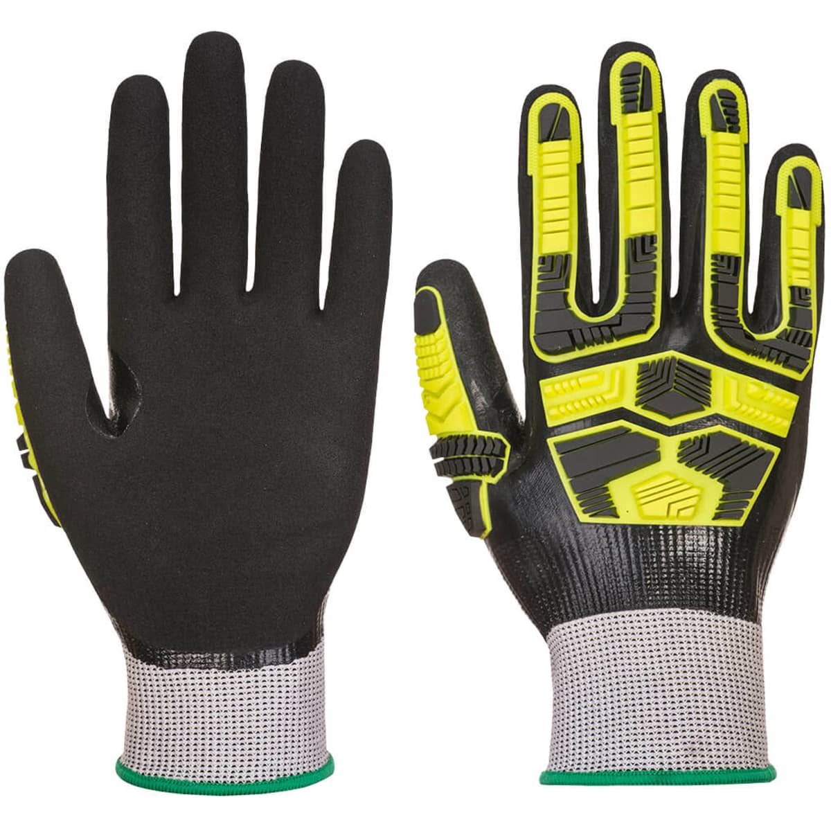 A pair of black gloves with yellow accents and textured grip, featuring a logo on the cuff.