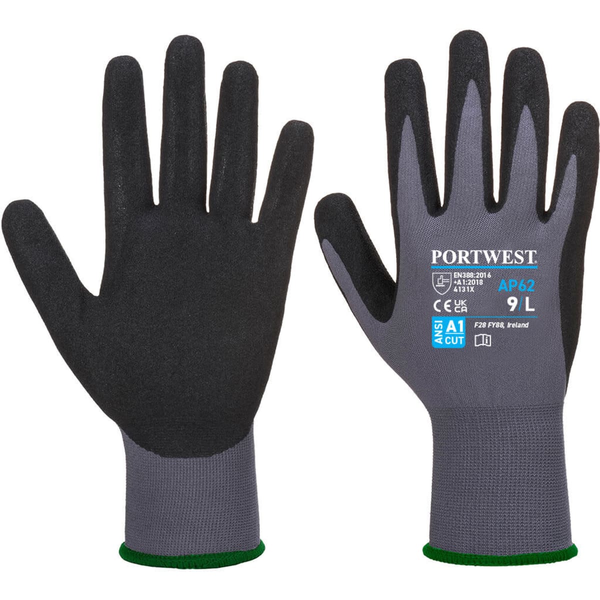 A pair of Dermiflex Aqua Gloves featuring a grey and black design with a green wrist cuff.